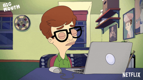 Gif of an adolescent boy from the Netflix series Big Mouth smacking his head on his keyboard.