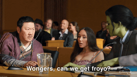 GIF from the SHe-Hulk movie in which Madisynn asks Wong, “Wongers, can we get froyo?”