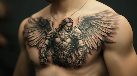 St. Michael the Archangel soaring with wings outstretched, symbolizing divine protection and strength.