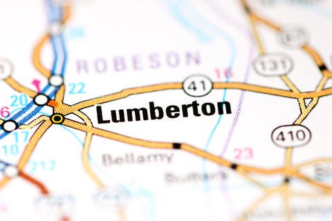 Close-up of road map shows the town of Lumberton.