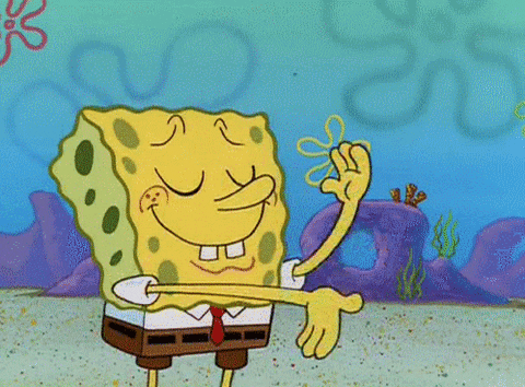 Looping animation of SpongeBob. Eyes closed with a smile. Wiping dust off the palms of his hands.