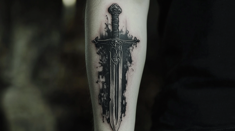 Elegant sword tattoo with clean lines on the forearm.