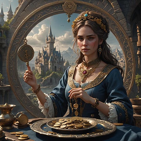 A maiden with an ornate necklace and a plate with golden coins