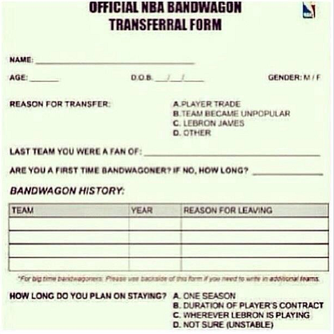 Official NBA Bandwagon Transferral Form