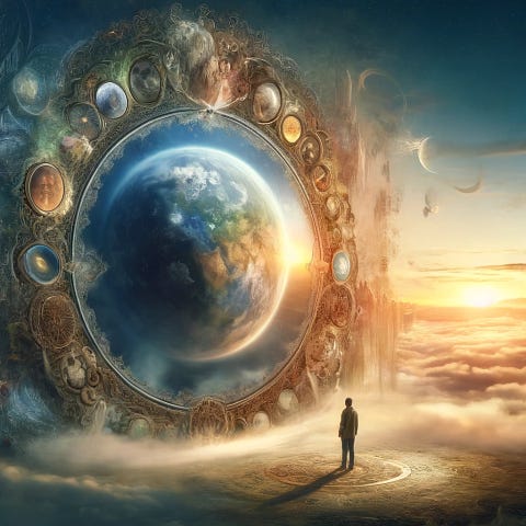 A profound and emotional scene showing the entire world looking at itself in a giant, ornate mirror. The mirror reflects the past, present, and future of humanity and Earth, with images blending into each other to create a sense of continuity and interconnectedness. The background features a serene natural landscape with elements representing different time periods. The overall atmosphere is introspective, conveying the complexity and depth of our reality and the need for a sustainable future. T