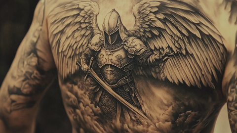 Tattoo with the warrior St. Michael the Archangel with wings, armored and triumphant, casting down evil forces in a dramatic scene.