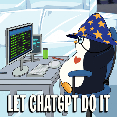 Gig de um pinguin com um chapéu de mago, com estrelas amarelas, na cor azul, na frente de um computador, com scripts, dentro de um iglu de gelo.