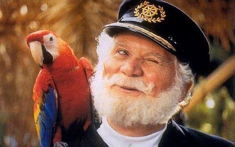 A still from a 1990s Birds Eye commercial, showing their mascot ‘Captain Birdseye’: an old white man with a full, grey beard wearing navy clothes with a parrot on his shoulder. He is winking to someone off-screen.