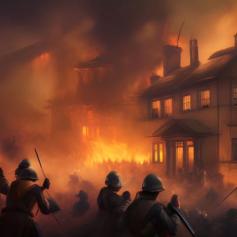 An opulent manor house on fire, surrounded by soldiers