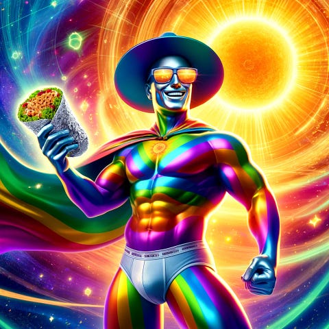 “Power of the Sun,” a superhero with metallic, rainbow-colored skin, smiling broadly. He wears underwear and a wide-brimmed hat, holding a glowing burrito in his right hand. Positioned on the left, he stands against a dynamic cosmic background with swirling galaxies and solar flares.