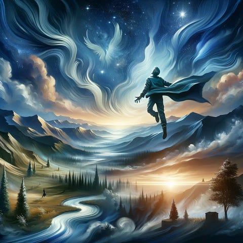Illustration of a soul’s transformative journey at dawn, uplifted by winds through mystical lands, embodying adventure, resilience, and the beauty of uncharted paths. Perfect for dreamers and adventurers.