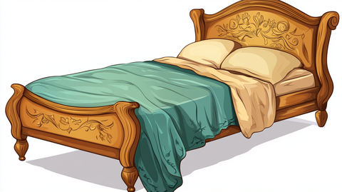 Illustration of a classic double bed with nice green bedding, carved wood and two pillows.