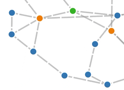 Detail of data visualization focusing on the colored dots and animation of the lines connecting them showing the direction.