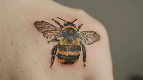 A colorful bumblebee tattoo with vibrant yellow and black colors, symbolizing nature and hard work.