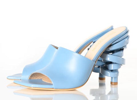 Baby blue Keeyahri mule sandals with spiral heel