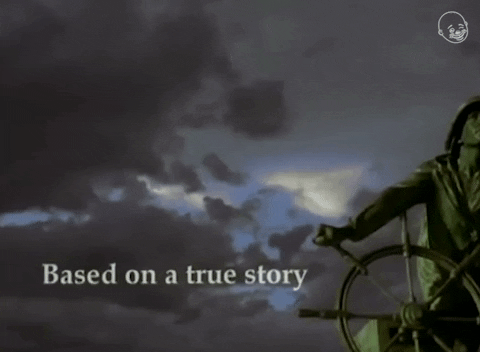 A GIF of a monument to a sailor accompanied by the text, Based on a true story.