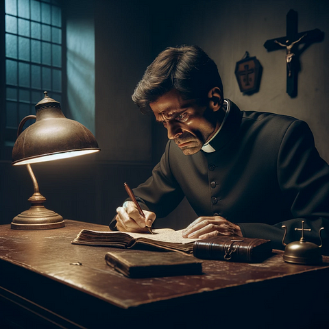 A frantic priest, a middle-aged Hispanic man, is seated at a vintage wooden desk in a softly lit room, illuminated by a small, antique desk lamp. He is intensely writing in a worn, leather-bound journal, his face conveying a mix of panic and deep thought. The room is sparsely decorated, with religious artifacts placed subtly on the walls, adding to the somber and reflective mood. The scene captures a moment of intense personal turmoil and regret during a late, quiet night.