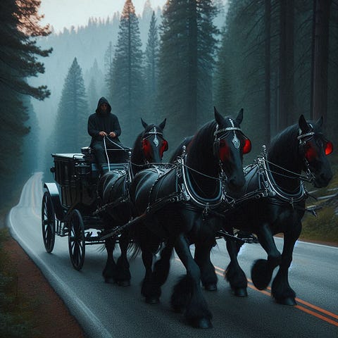 At dusk, four black horses with red eyes draw a carriage through a forest