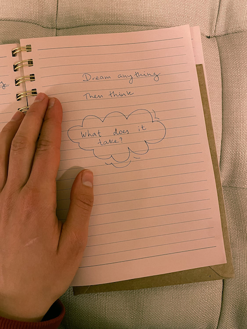 A handwritten text on a lined notebook that reads “Dream anything then think what does it take?”
