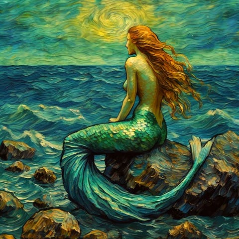 a canvas painting of a mermaid sitting on the edge of a rock adjoining the ocean