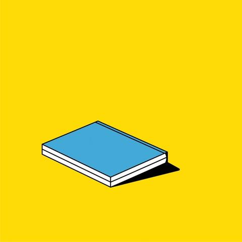 Gif de um desenho de um livro de capa cor azul claro, sendo aberto e se transformando em um laptop com teclas na cor rosa, em um fundo de cor amarela.