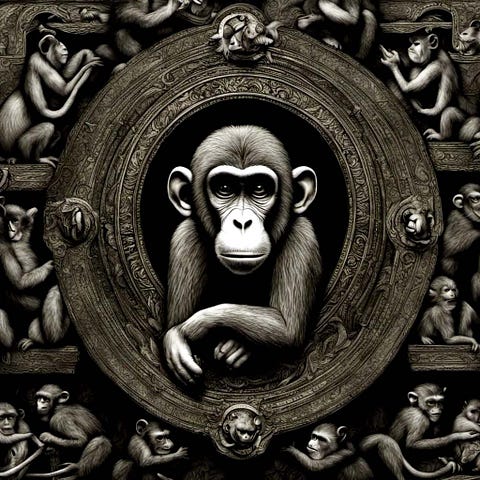 A monkey staring out from a thick circular frame, surrounded by smaller monkeys on tiers like bookshelves.