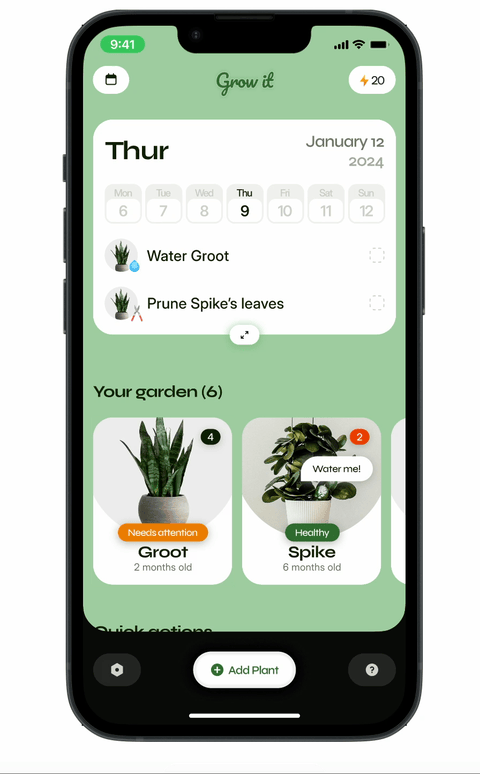 Animated plant care schedule section (spread across a week) showing care activity (watering/pruning tasks, plant profiles) specific to Groot.