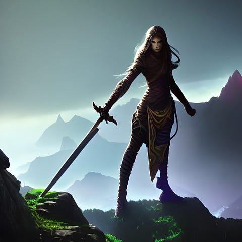 Androgynous hero wielding a magical sword atop a mountain peak