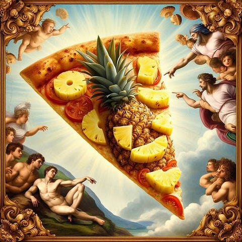 A slice of pizza with pineapple in the style of Baroque art