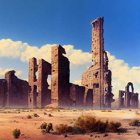 Ruins in the desert, towers, blue sky