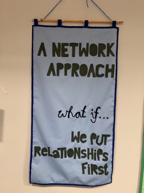 Showing a blue canvas banner with the writing ‘a network approach what if we put relationships first’ stiched on in black fabric. Banner created by Time Rebels Ruth and Odette of We Are Makers