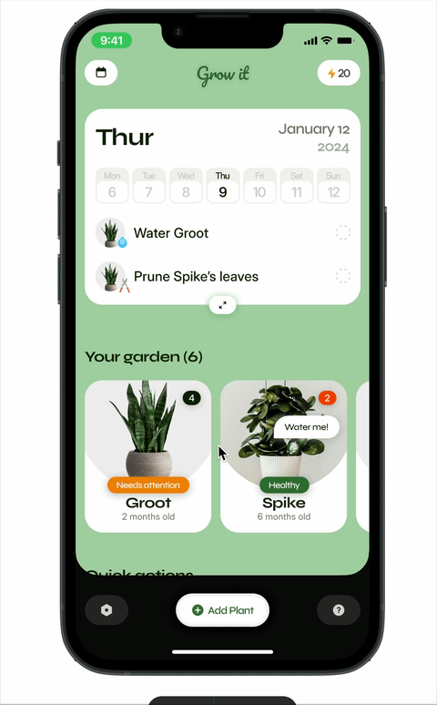 Plant care instructions across core plant components: Water, light, humidity levels, soil type, and toxicity warnings — each with embedded tutorial videos for visual learning.