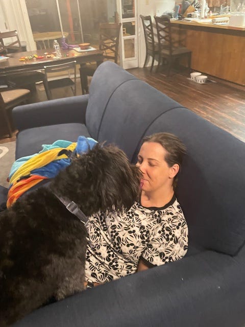 A picture of my dog Hermione licking my face while I try to meditate on the couch.