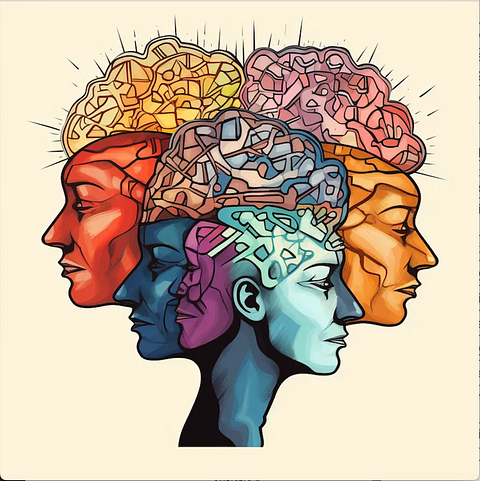 Colorful image of a drwaing on light yellow background, representing 5 intertwined faces coming from the same neck — the faces are red, dark blue, purple, light blue and orange, and they are arrangead all around the neck, looking both left and right. The top of the heads is “transparent”, making visible their intricate colorful brains inside — brains are drawn through small intertwined geometrical shapes, suggesting depth, complexity and creativity.