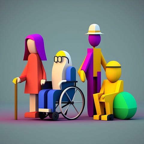 A diagram showing people with different abilities, one person is standing up holding a walking stick, one person is wearing glasses and sitting in a wheelchair, one person is standing and one person is sitting (Midjourney)