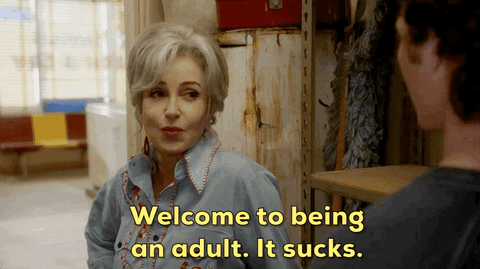 Annie Potts playing “Meemaw” in “Young Sheldon”. GIF Titled “welcome to being an adult. It sucks.”