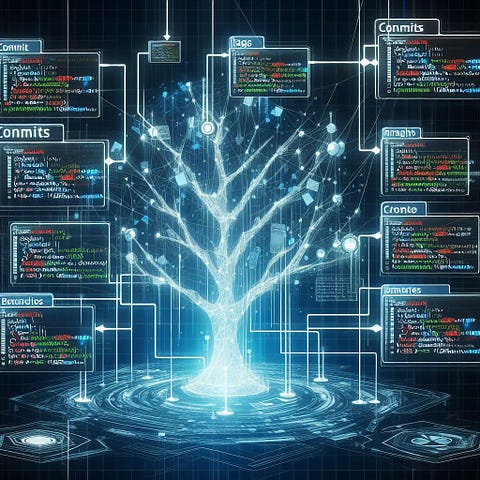 artwork that depicts the tree representation of a git code repository, with multiple commits, tags, branches and merges. The graph connecting the commit objects should be futuristic and giving the idea of a large amount of data.