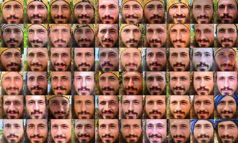 Grid of 60 small faces of the one person in different lighting: light skinned with Caucasian features, mustache and beard.