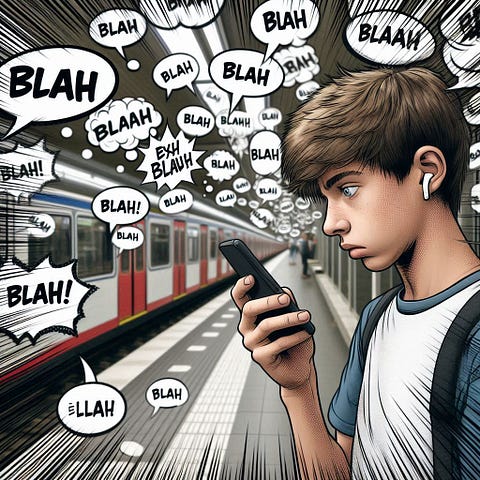 Ein Junge starrt mit leerem Blick auf sein Smartphone, das ihm nur bedeutungslosen Müll ausspuckt. KI-generiert