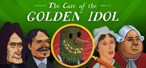 An image with a green background showing drawings of 4 people, two men on one side, a man and a woman on another, and in the middle a yellow-bordered circle with a red background containing a green mask with gangly teeth and a pointed orange nose. At the top in small white text is “The Case of the” followed below it in much larger white text “GOLDEN IDOL”