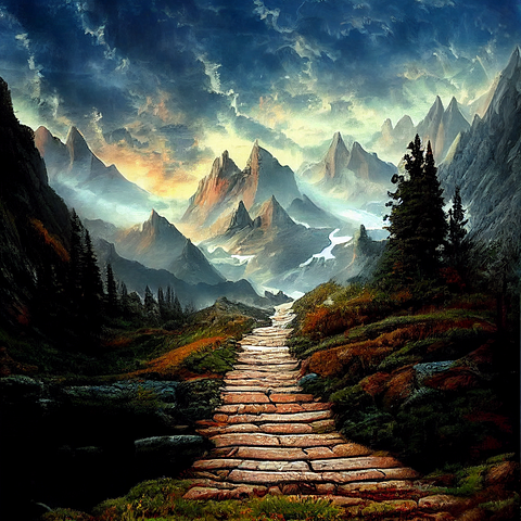 A path leading up towards spectacular mountains.