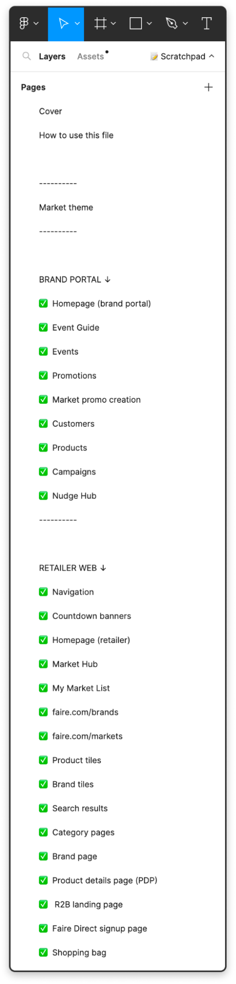A screenshot showing our new Figma organization structure by Market Theme, then Brand Portal and Retailer Web.
