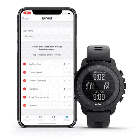 A gif showing how to rearrange data fields on an iPhone and the reflection of that change on ELEMNT RIVAL.