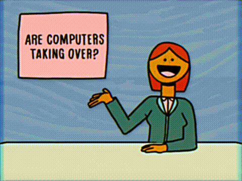 A GIF with a news presenter next to a screen where it says “Are computers taking over?”. When the screen says “Yes” she goes hysterical.