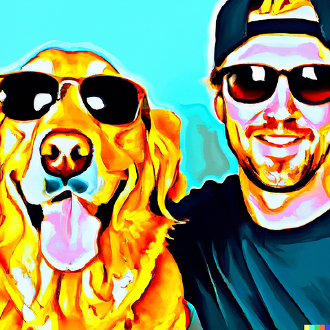 A man and his golden retriever, both wearing sunglasses.