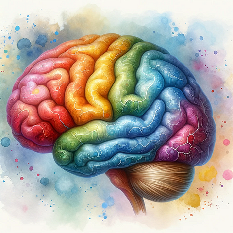 A human brain highlighting different areas with various colors, set against a soft background, capturing the essence of learning and cognitive processes.