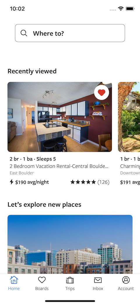 Screenshot of Vrbo’s iOS app main screen featuring recently viewed property cards implemented with SwiftUI