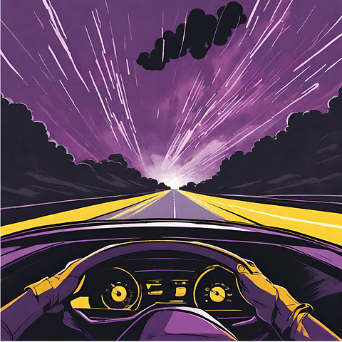 Two hands tightly grip the steering wheel of a car that’s speeding down the highway so fast that the rain falling from the purple sky is pouring horizontally.