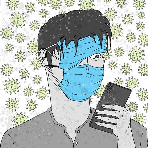 person with surgical mask on eyes and mouth looking at phone