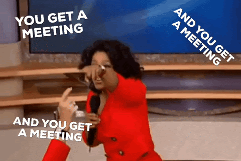 Oprah repeatedly pointing at different audience members with overlay text stating “And you get a meeting”